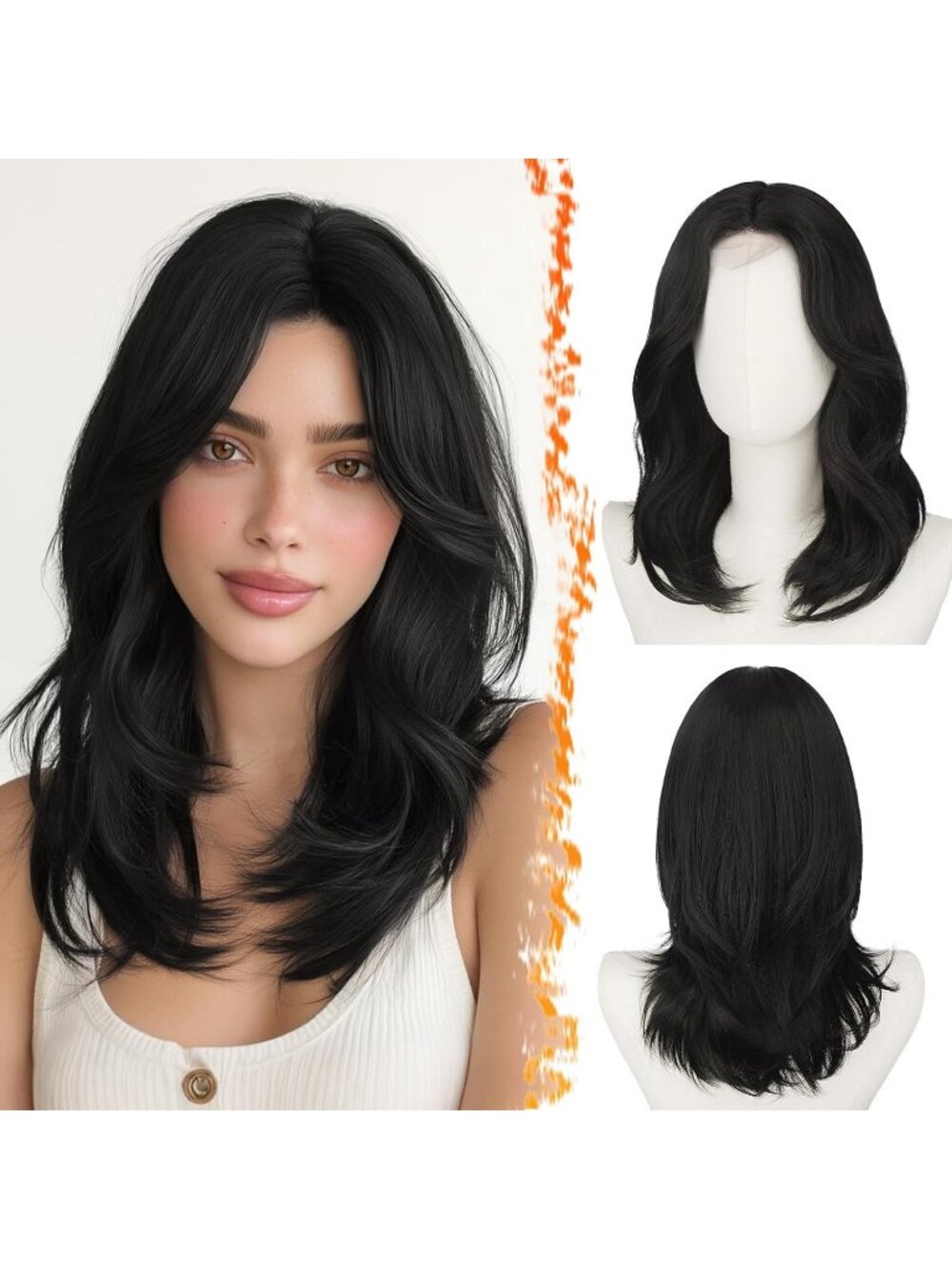 16 Inch Women's Black Natural Butterfly Layered Straight Curtain Bangs Wigs
